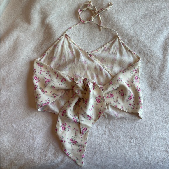 ZARA Halter Neck Wrap Crop Top Tie-Back Women’s Medium Satin Cream Floral - Picture 7 of 9